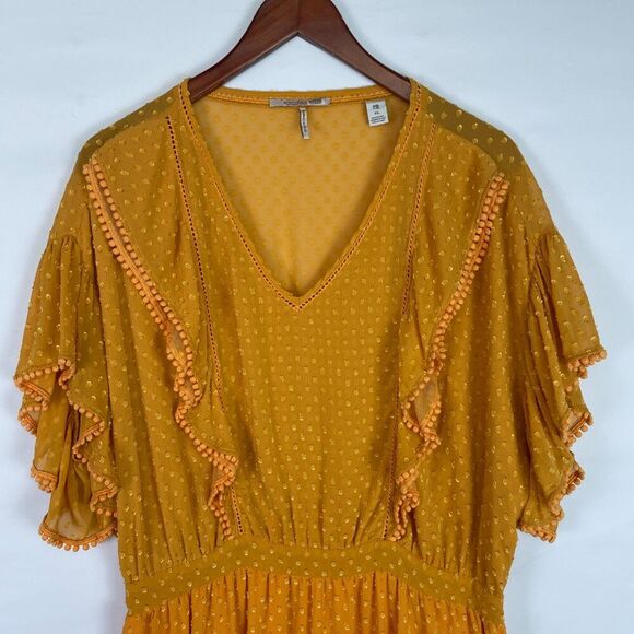 Scotch & Soda Ruffle Sleeve Lace Swiss-Dot Pom Pom Mini Dress Yellow XL - Picture 4 of 10